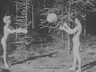 2 nude nudist angels playing ball 1940s vintage